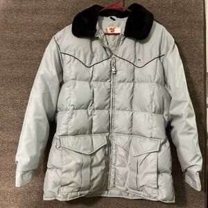 Comfy Men's XL Gray Down Puffer Jacket Vintage Black Faux Fur Collar